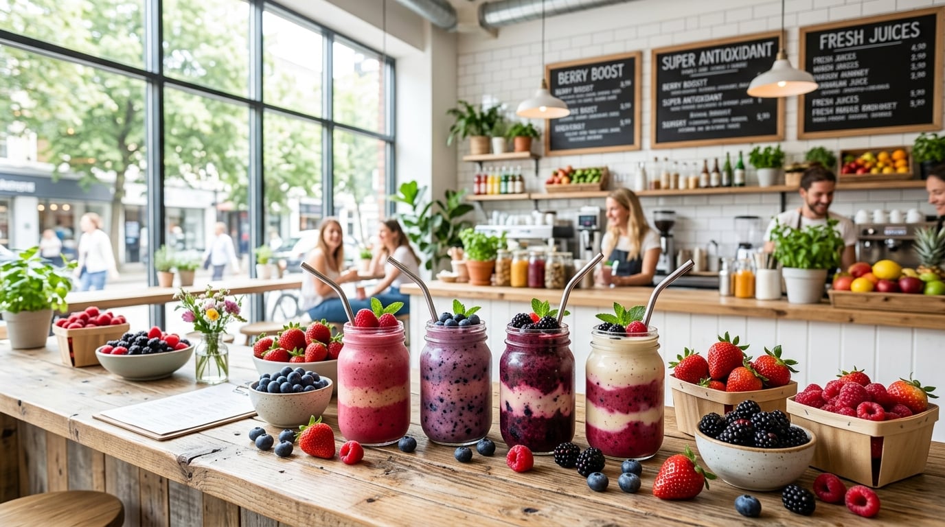 Bright modern smoothie bar filled with fresh berries and colorful smoothies