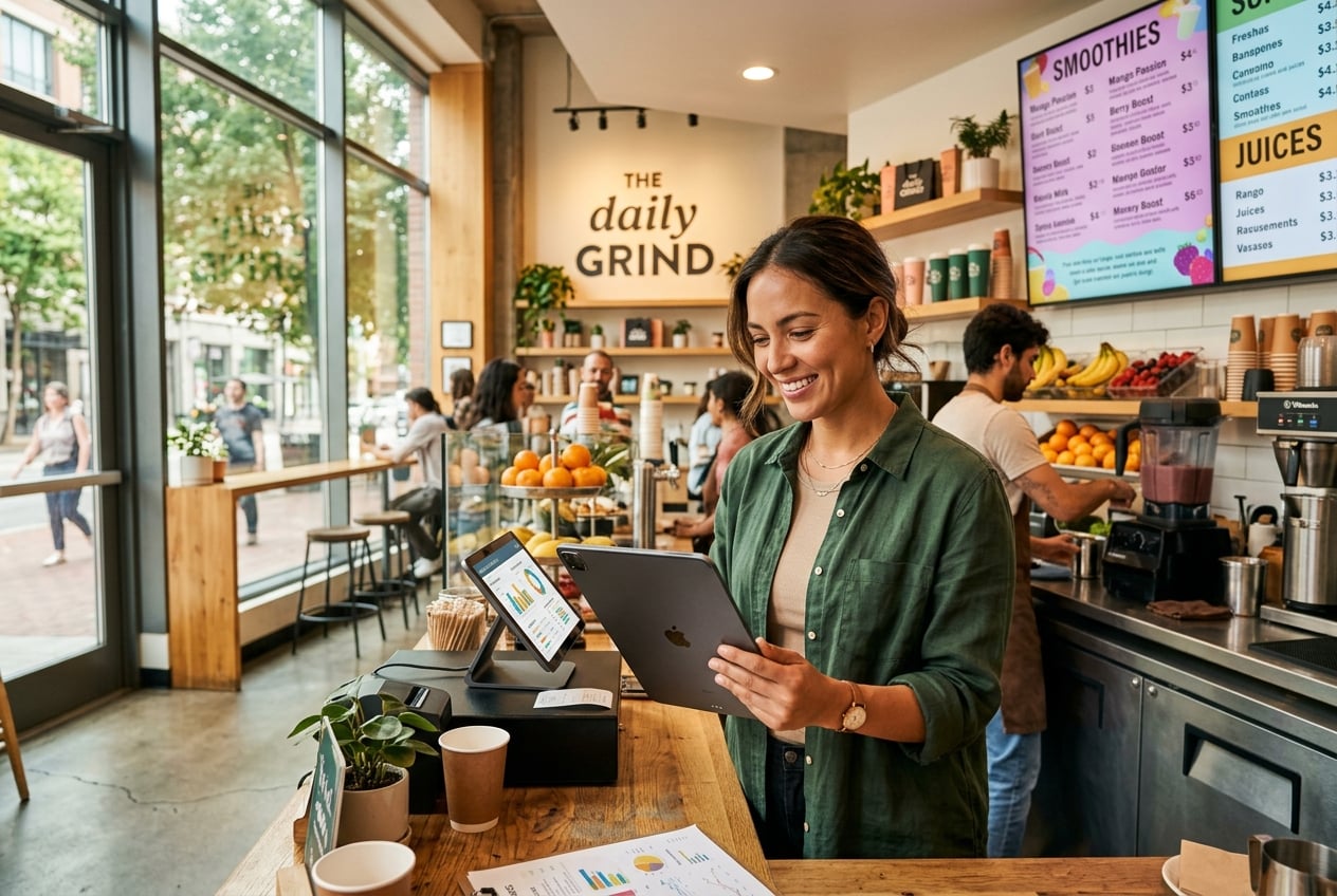 Smoothie shop owner reviewing business performance on a tablet at the counter